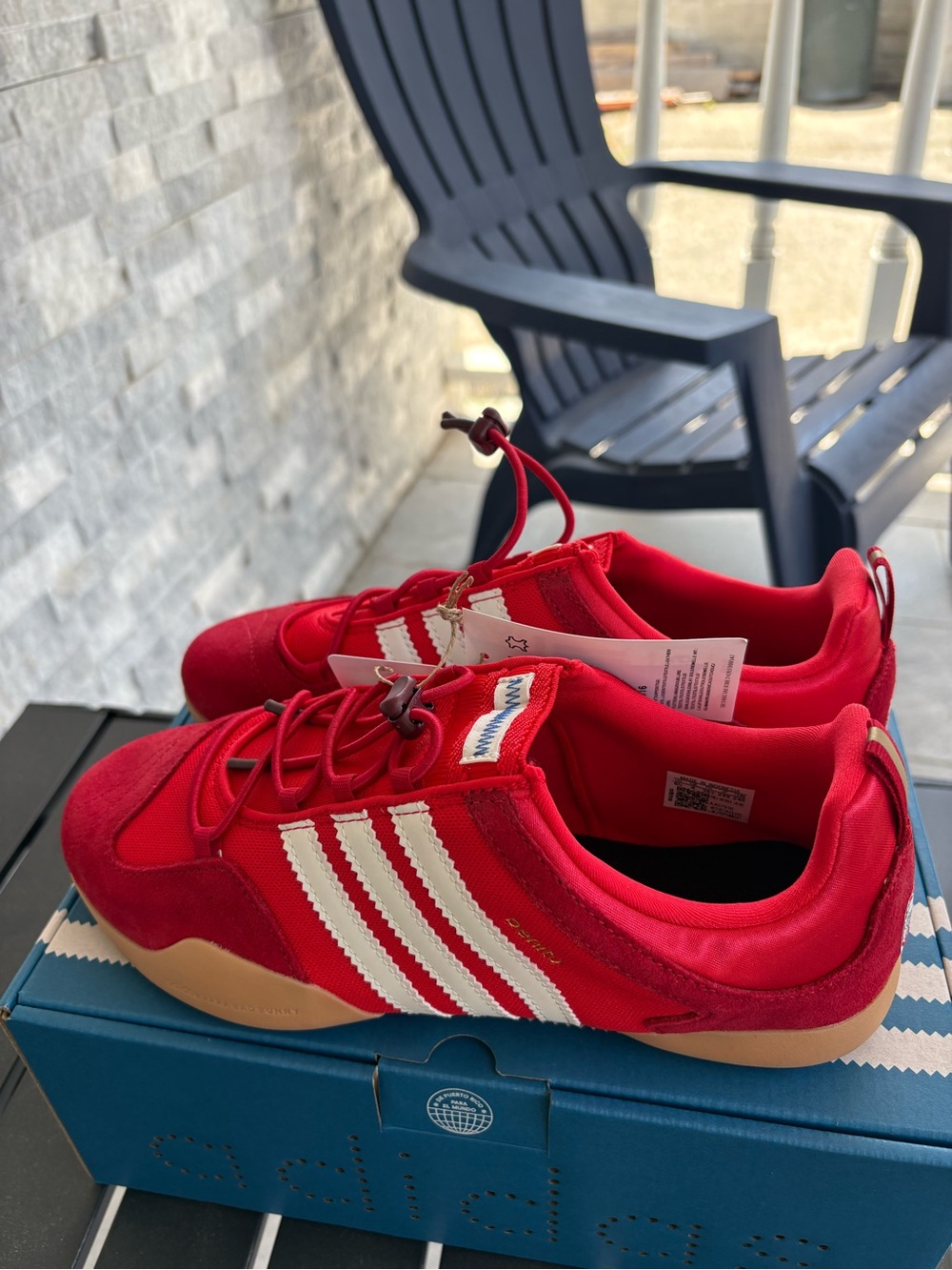 adidas Red Unisex Sneakers with White Stripes. Bad Bunny Ballerina Edition